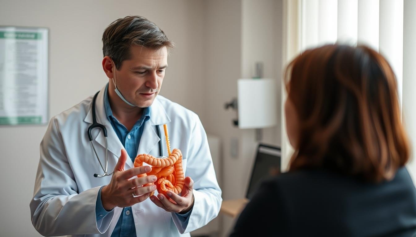 Medical professional explaining colon hydrotherapy risks to a patient