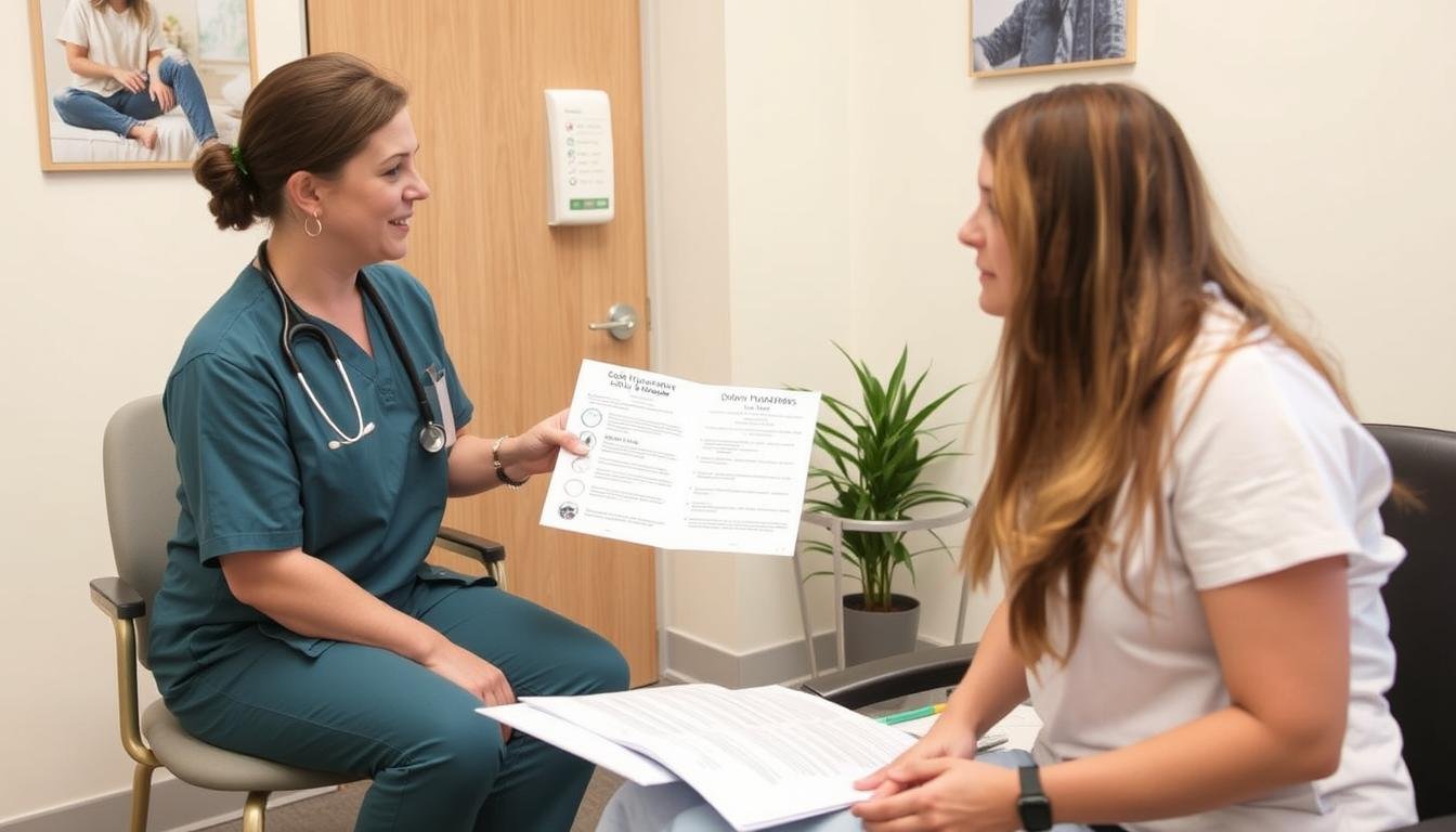 Medical professional explaining colon hydrotherapy safety considerations to a patient