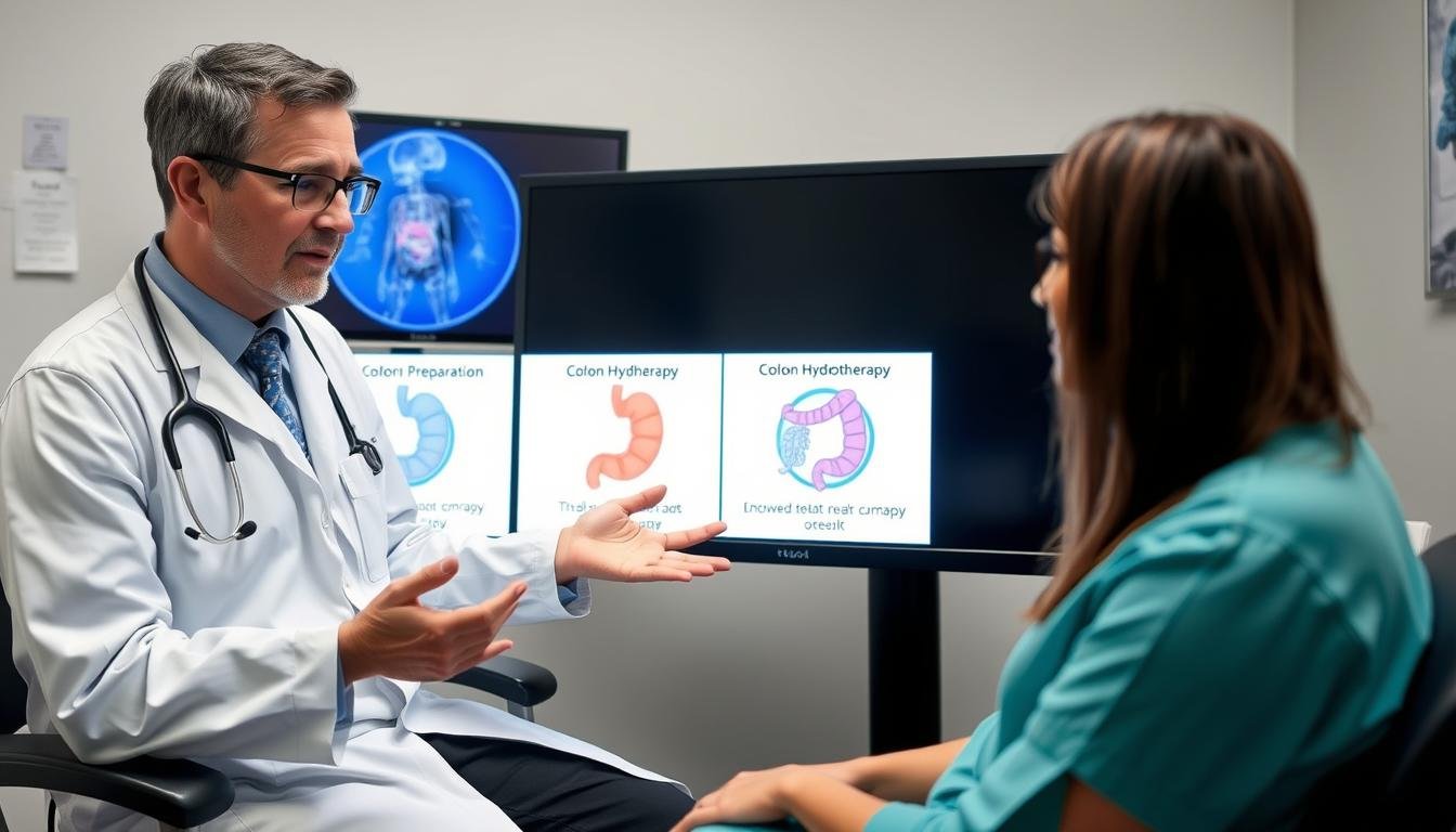 Medical professional explaining colonoscopy preparation options including colon hydrotherapy