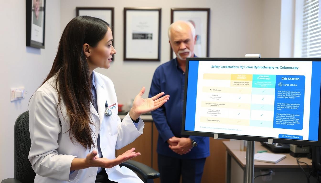 Medical professional explaining safety considerations between procedures