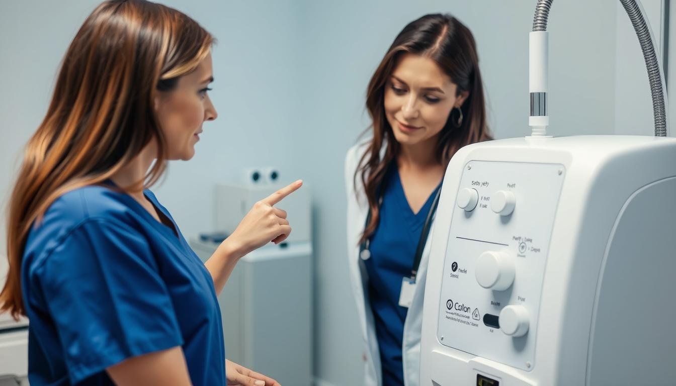 Medical professional explaining safety features of a Colon Hydrotherapy Machine to a patient Medical professional explaining safety features of a Colon Hydrotherapy Machine to a patient