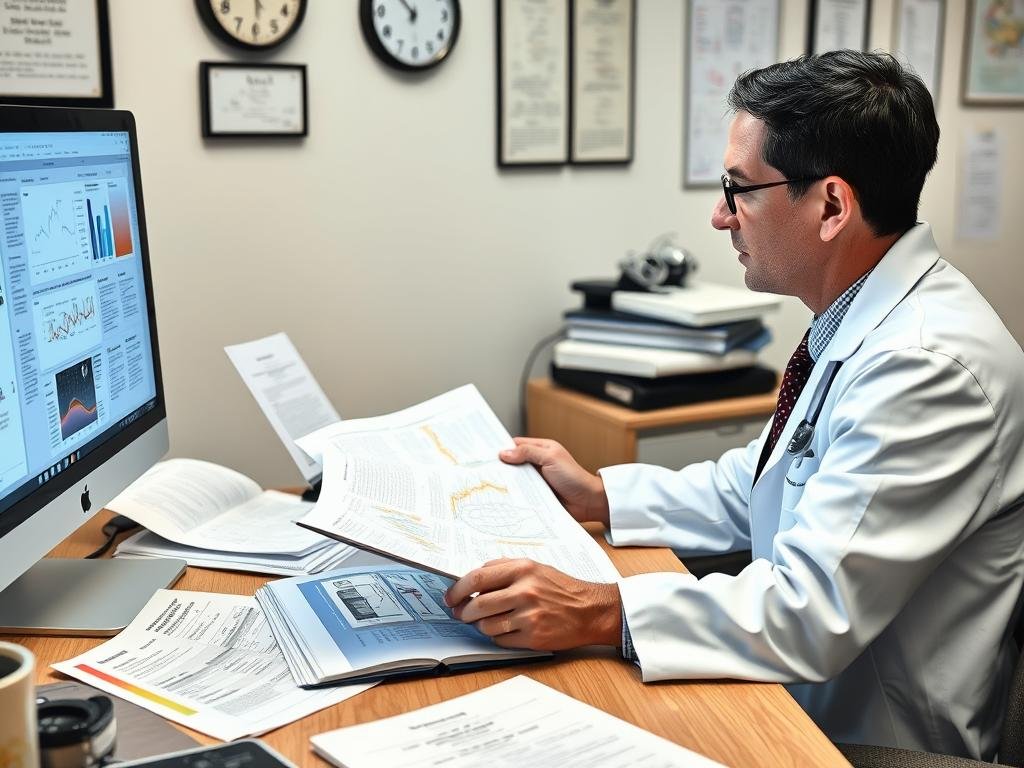 Medical professional reviewing scientific literature about colon hydrotherapy