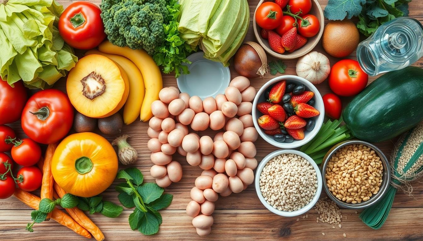 Natural foods that support colon health including fiber-rich fruits, vegetables, and whole grains