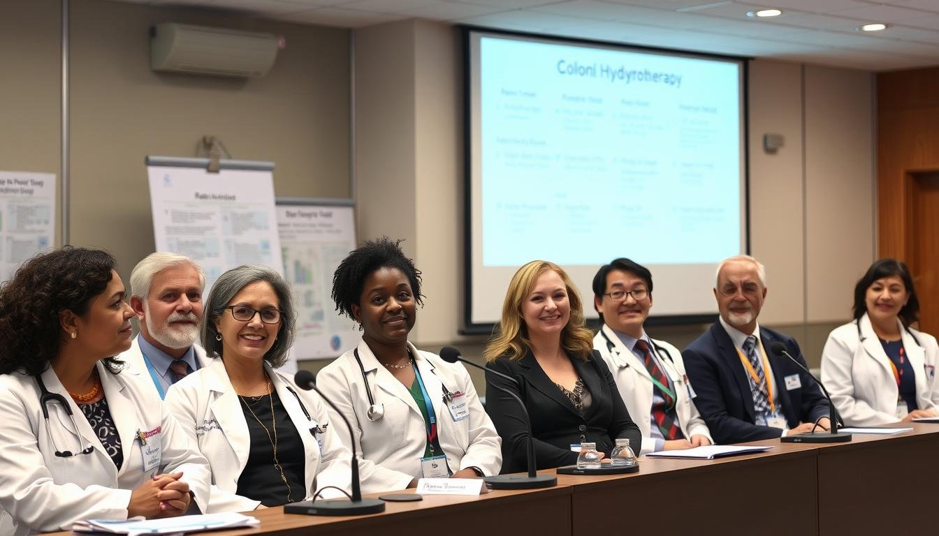 Panel of medical experts discussing colonic hydrotherapy in a professional setting