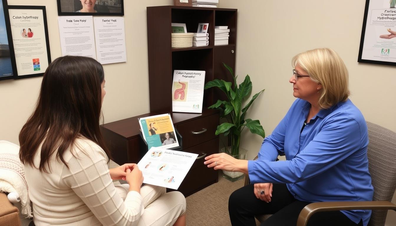 Patient consulting with a colon hydrotherapist Patient consulting with a colon hydrotherapist
