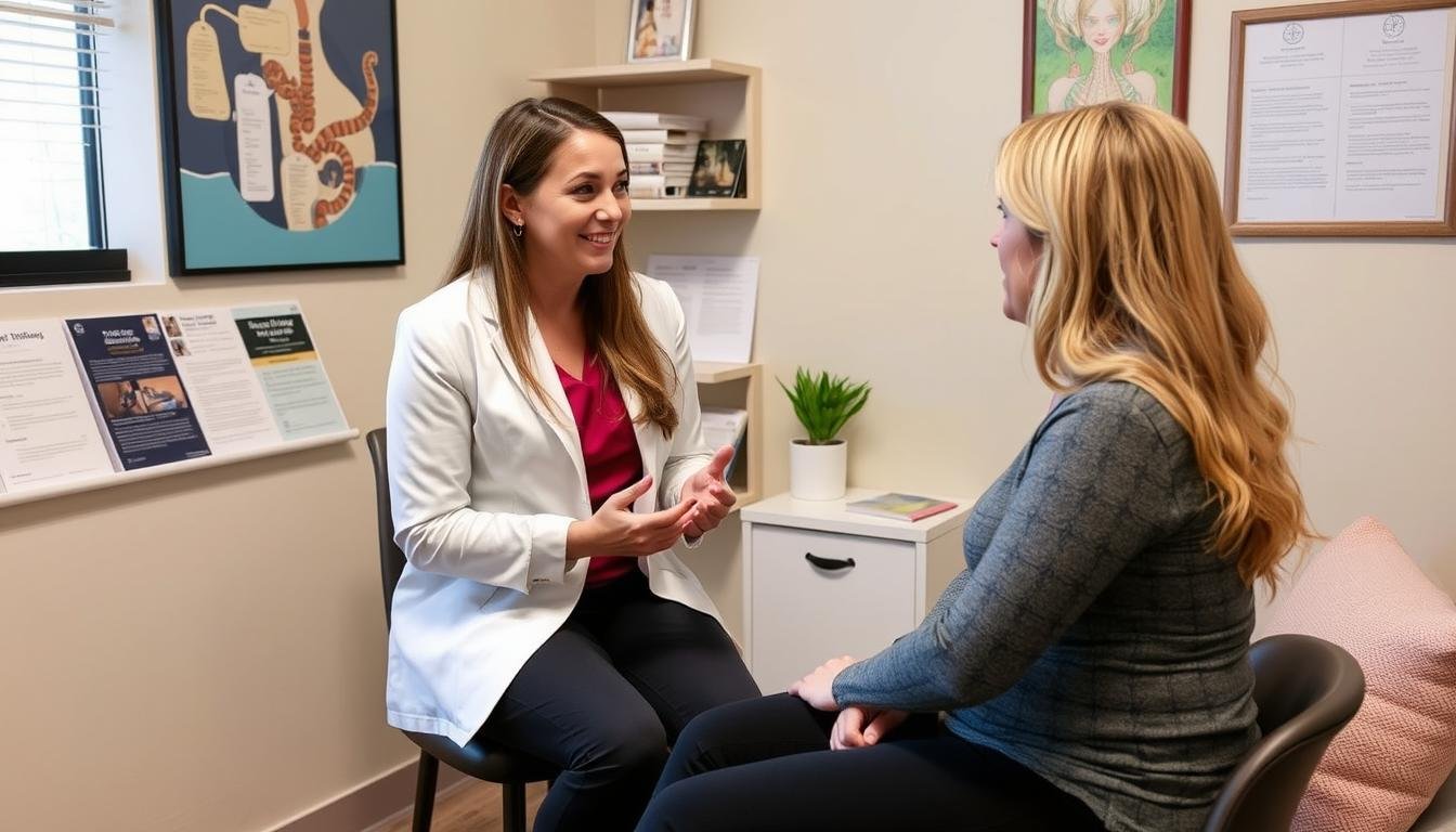 Person consulting with a colon hydrotherapy treatment specialist