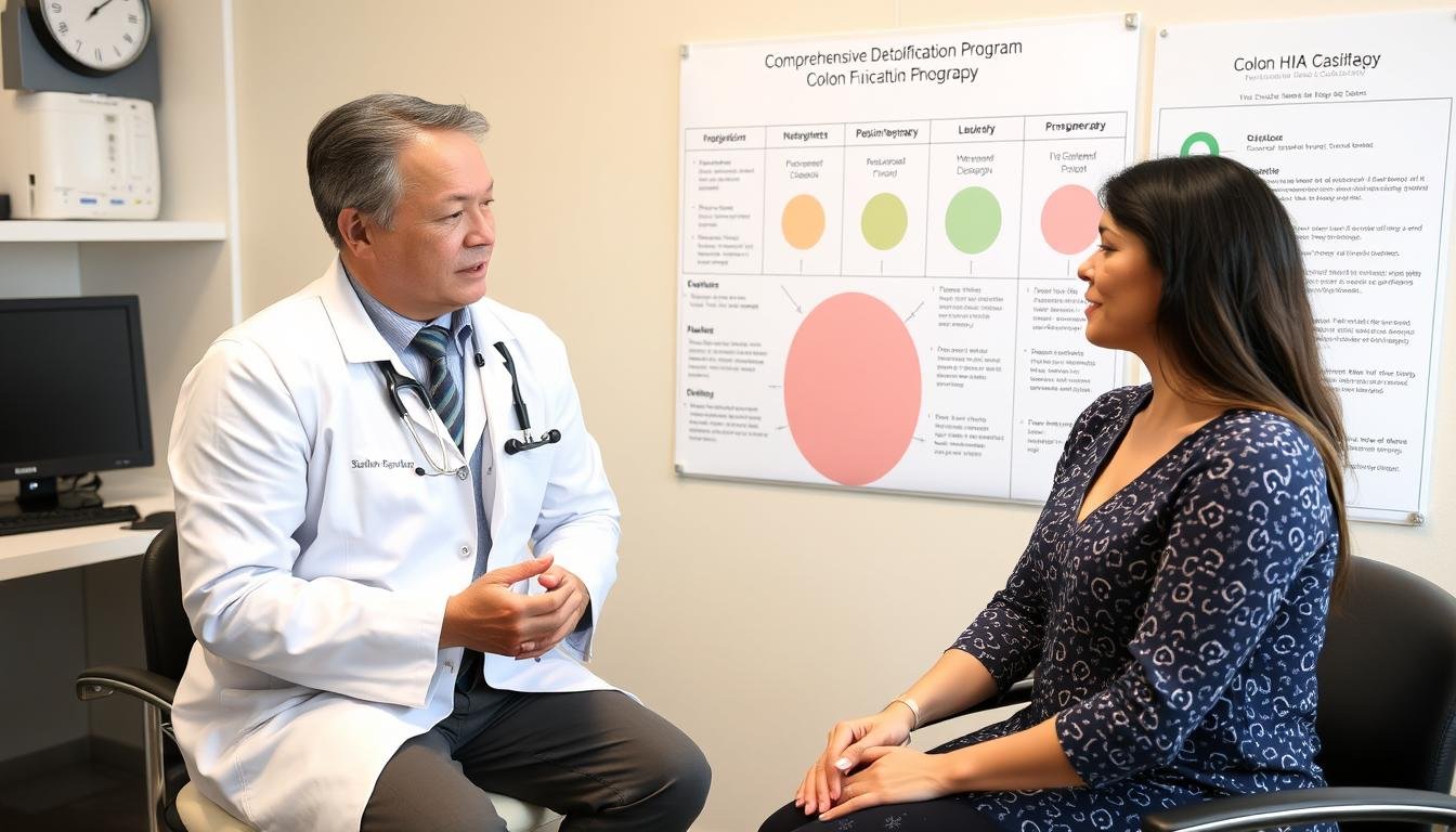 Person consulting with healthcare professional about incorporating colon hydrotherapy in a supervised detoxification program