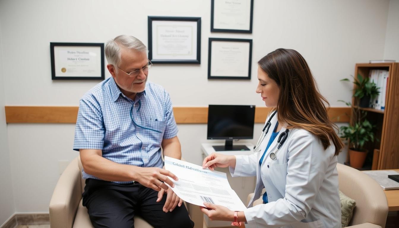 Person consulting with healthcare provider about colon hydrotherapy