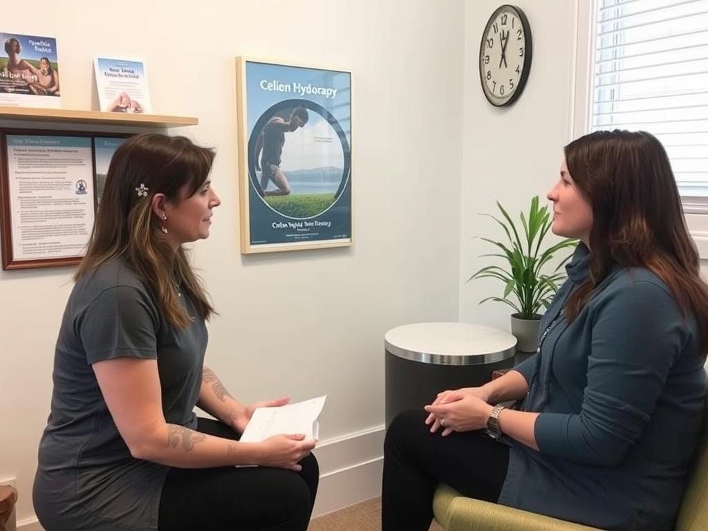 Person discussing colon hydrotherapy options with practitioner