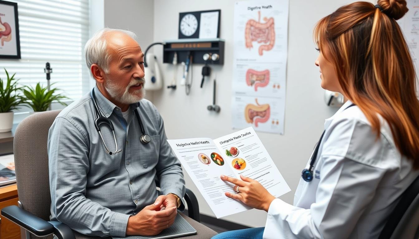 Person discussing digestive health options with a healthcare provider