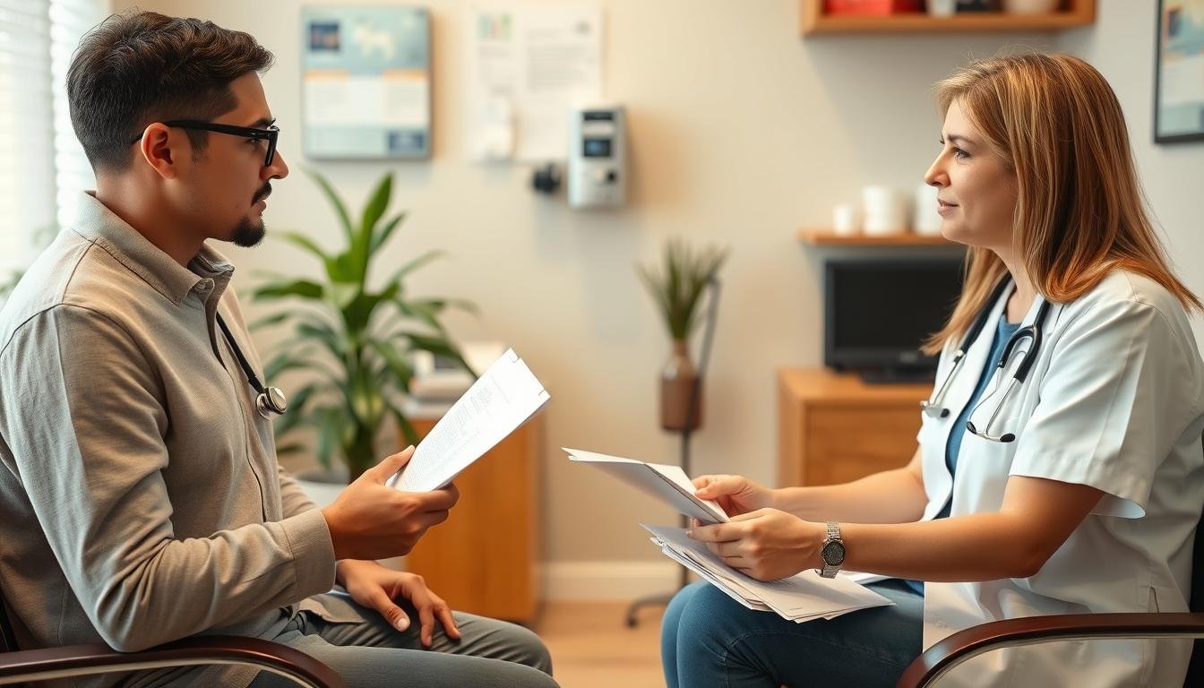 Person discussing digestive health options with healthcare provider