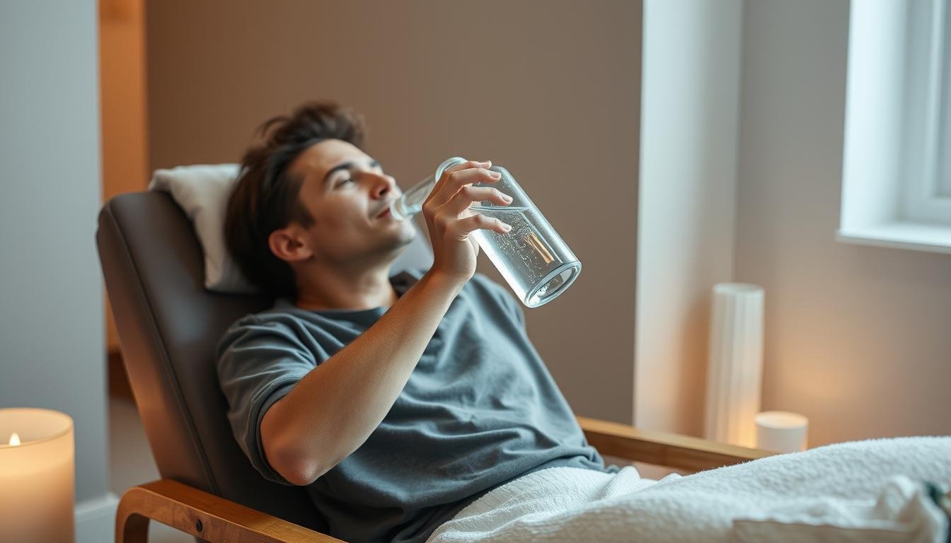 Person drinking water after a colon hydrotherapy session