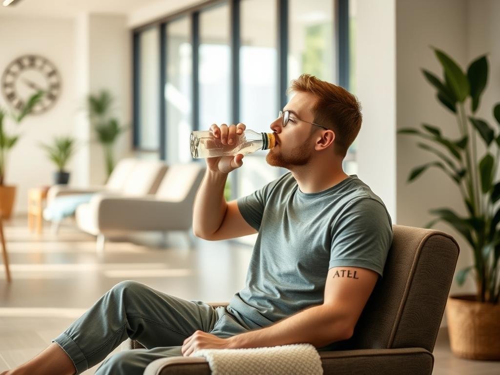 Person drinking water after colon hydrotherapy session