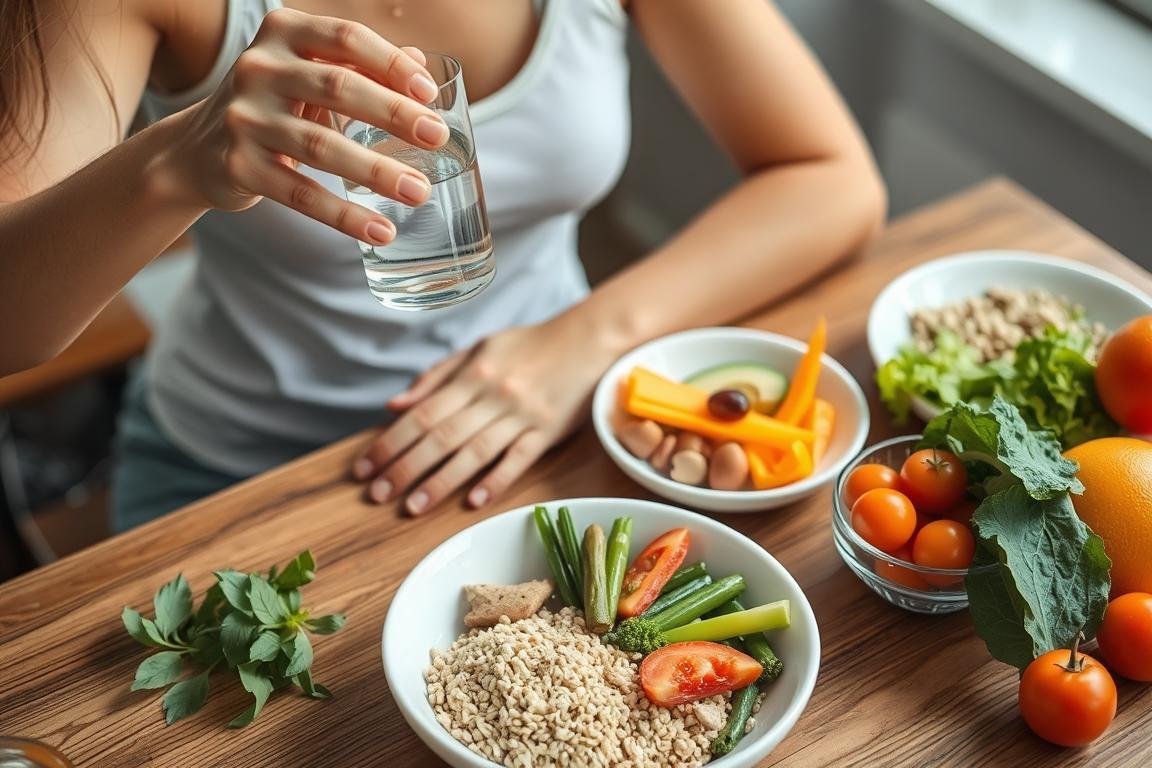 Person drinking water and eating fiber-rich foods as preparation