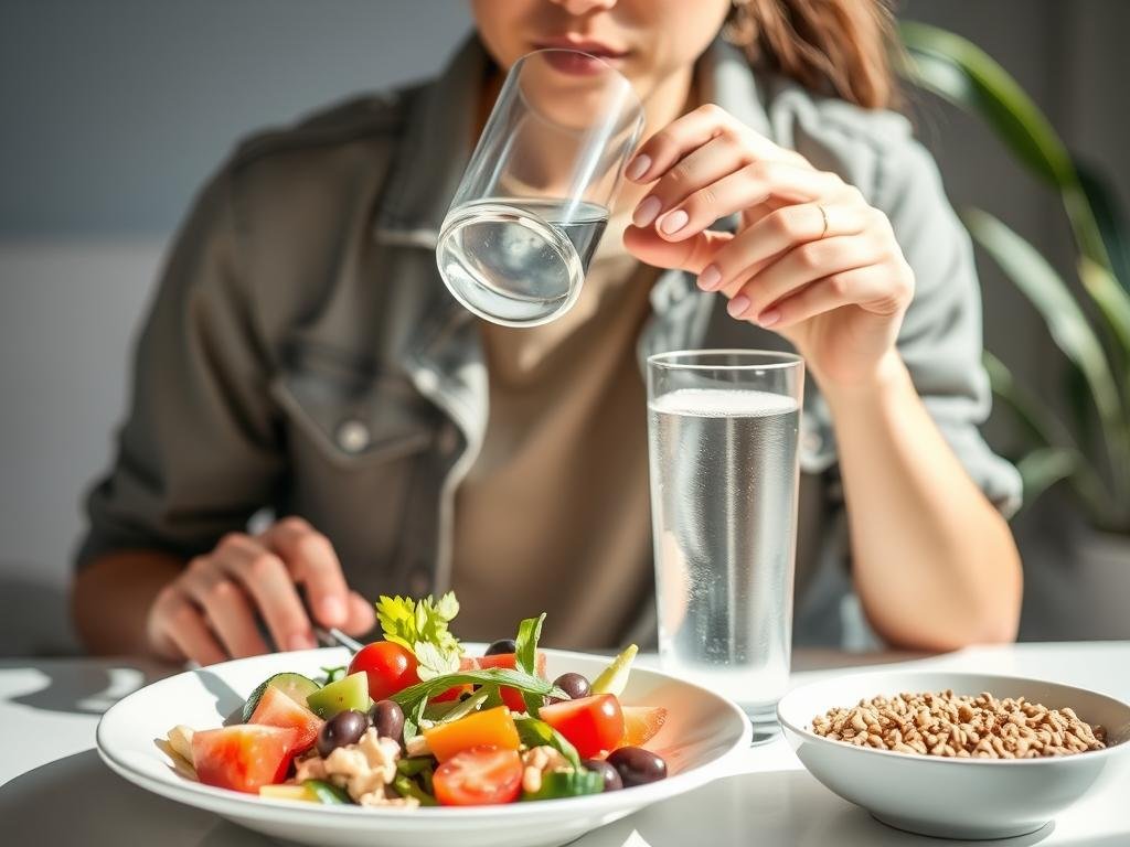 Person drinking water and eating high-fiber foods
