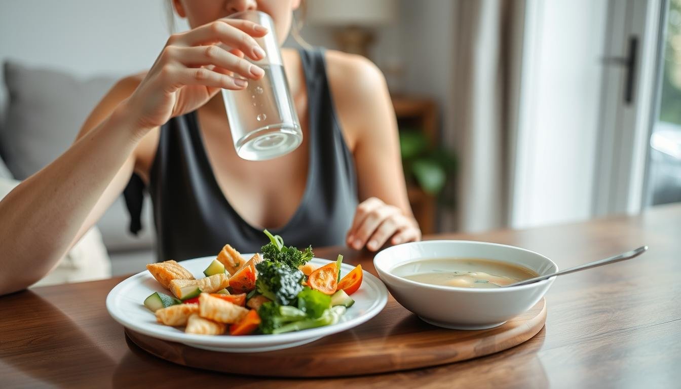 Person drinking water and eating light meal after colon hydrotherapy