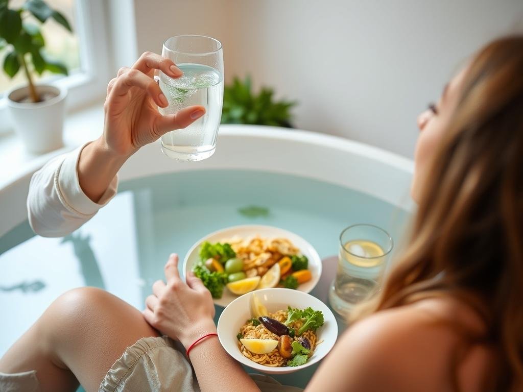 Person drinking water and eating light meal before Colon Hydrotherapy session