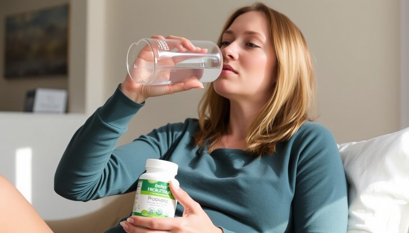Person drinking water and taking probiotics after colon hydrotherapy session