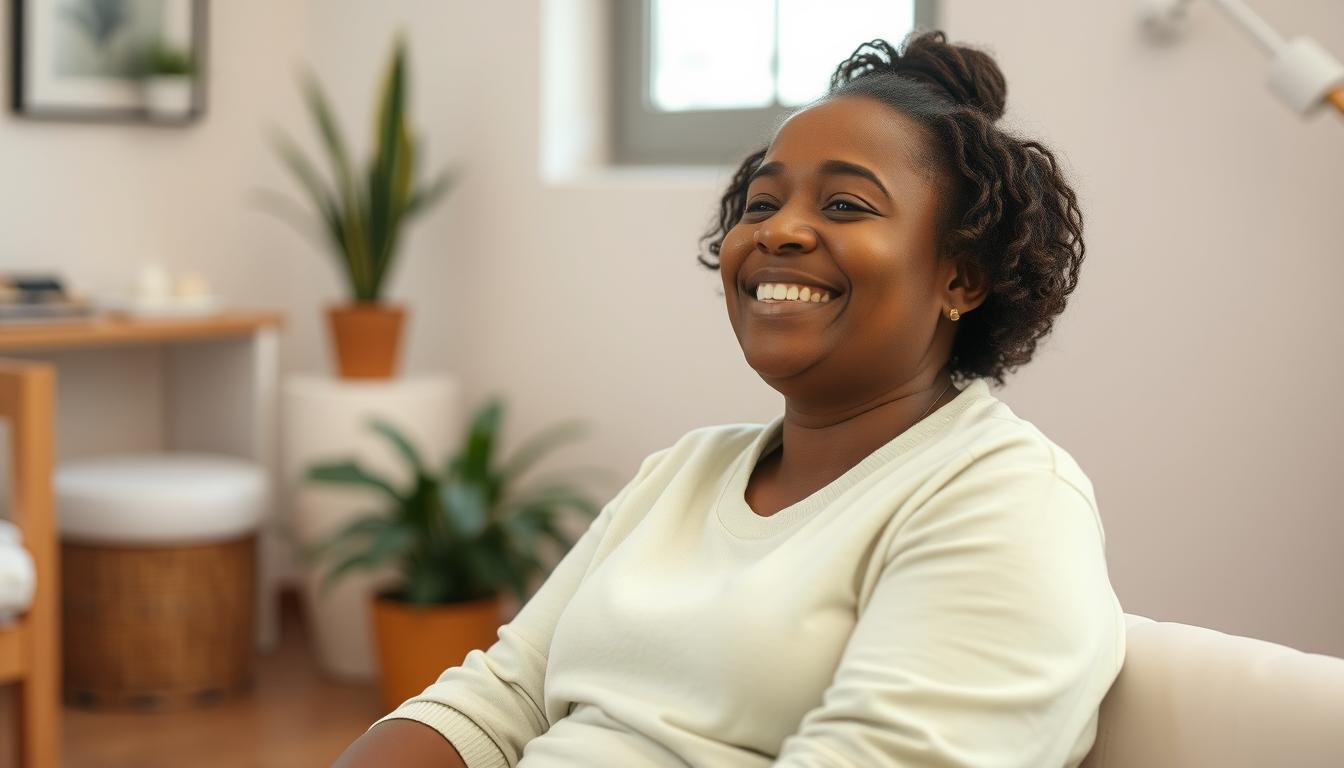 Person experiencing improved wellbeing after colon cleansing treatment