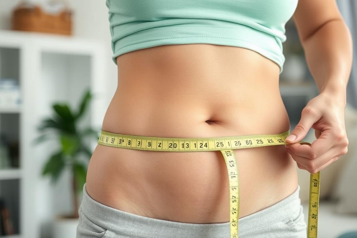Person measuring waist with tape measure, representing weight management