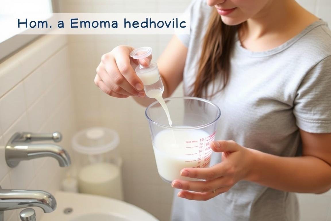 Person preparing a home enema solution in a clean bathroom setting