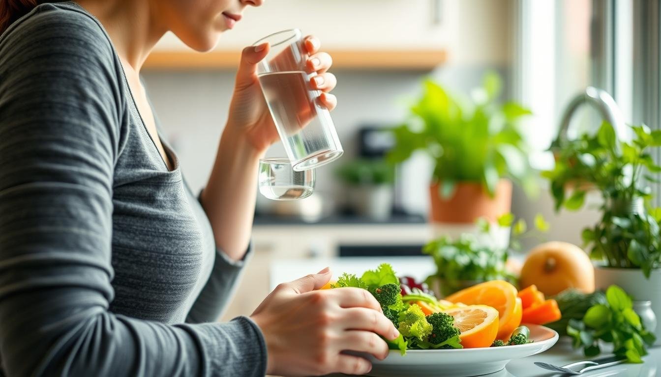 Person preparing for colon hydrotherapy by drinking water and eating light foods