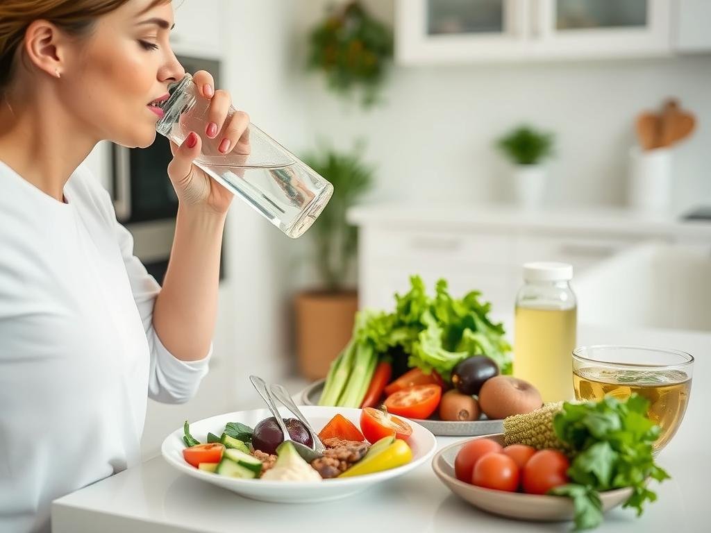 Person preparing for colon hydrotherapy by drinking water and eating light meals