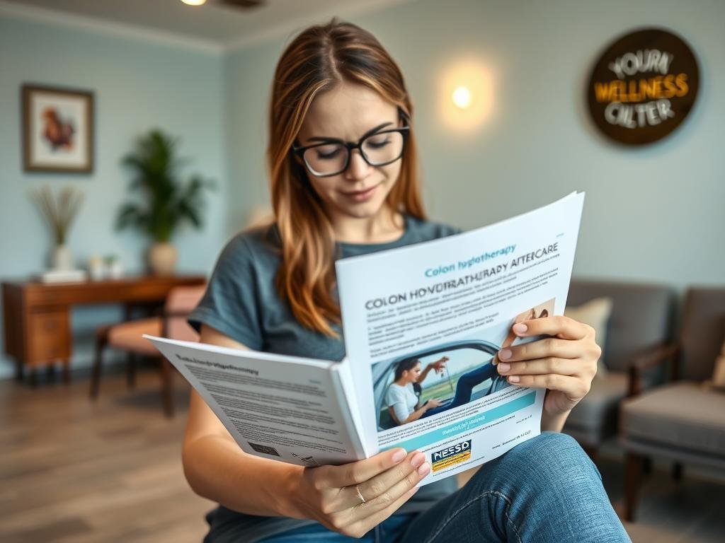 Person reading educational materials about colon hydrotherapy aftercare