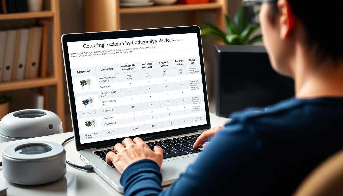 Person researching colon hydrotherapy devices online before making a purchase decision