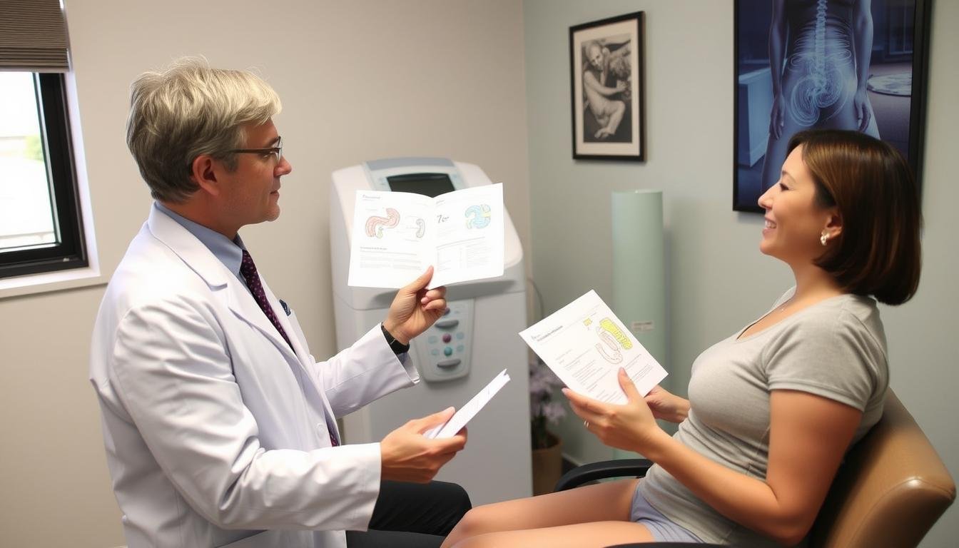 Practitioner explaining colon hydrotherapy procedure to a client