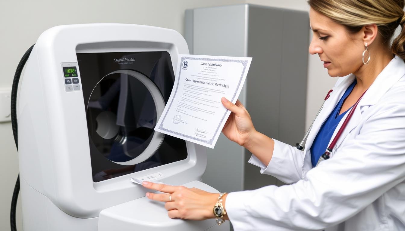 Practitioner verifying certification documents for a Colon Hydrotherapy Machine Practitioner verifying certification documents for a Colon Hydrotherapy Machine