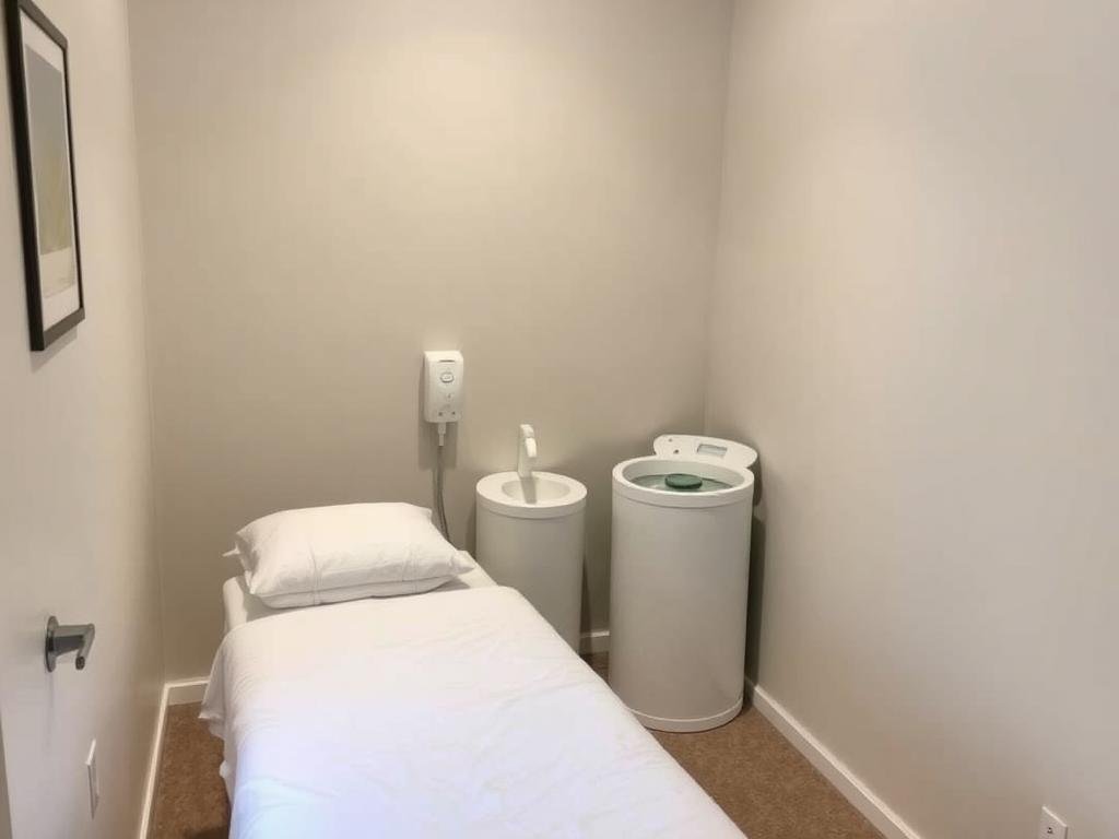 Private treatment room with colon hydrotherapy equipment prepared for session