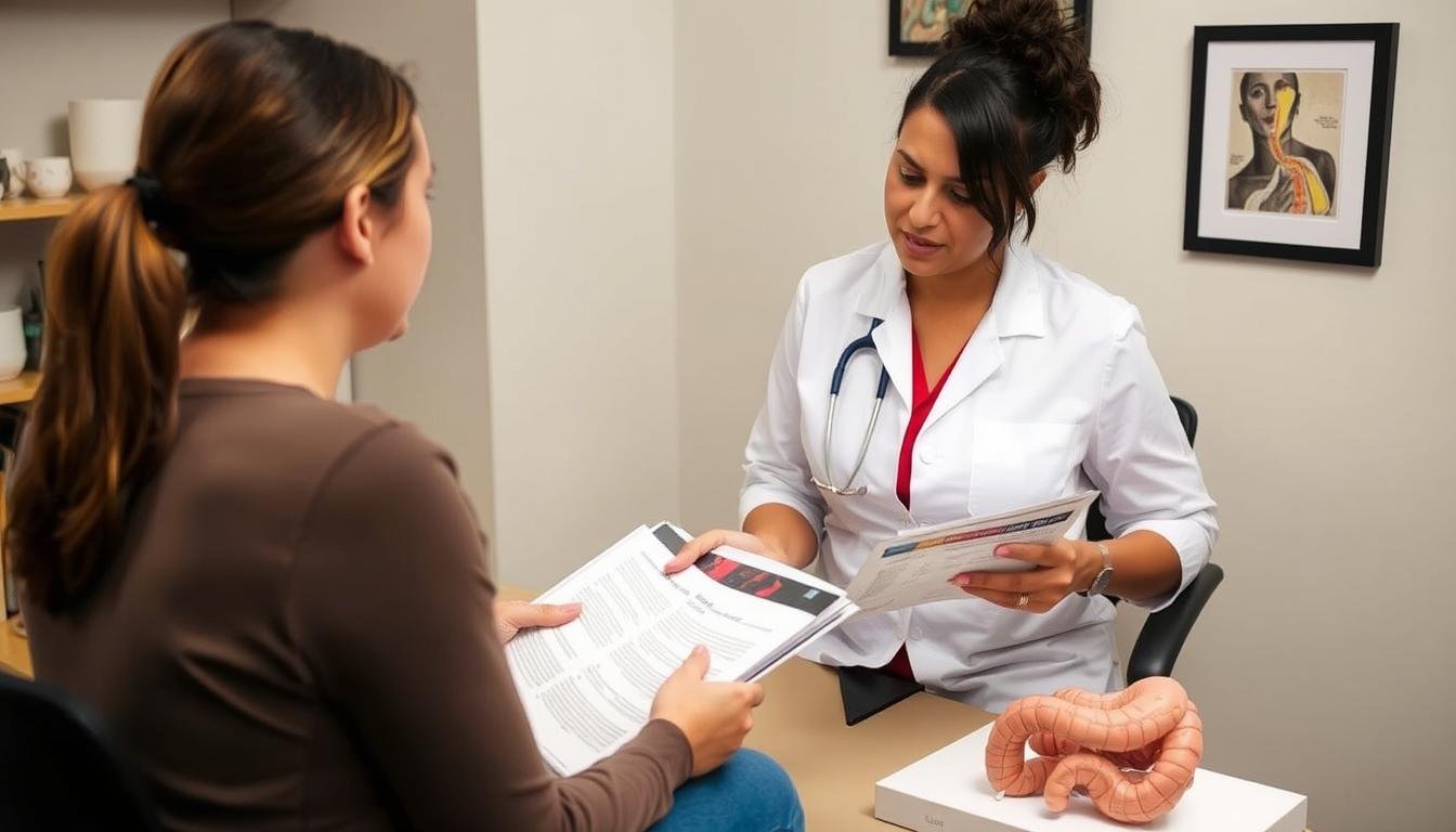 Professional colon hydrotherapist answering client questions