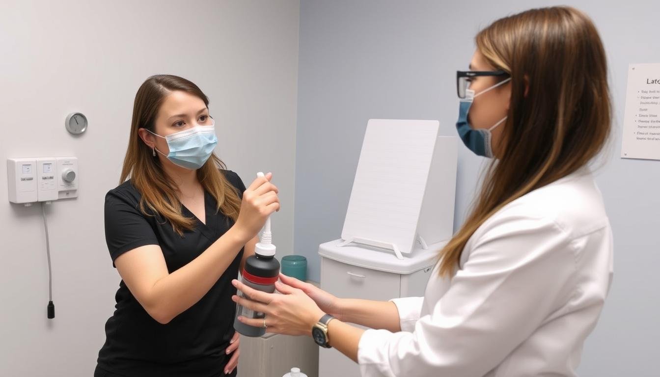 Professional colon hydrotherapist explaining safety features of a device to a client