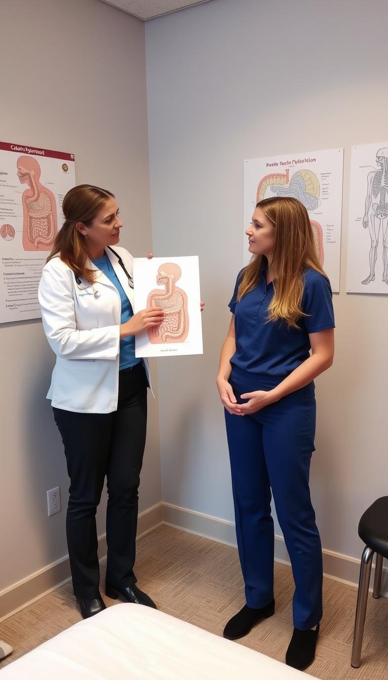 Professional colon hydrotherapist explaining the procedure to a client
