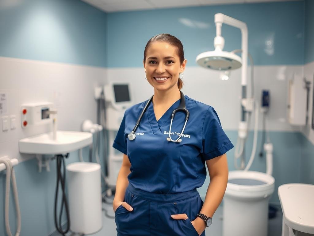 Professional colon hydrotherapist in a clean clinical setting