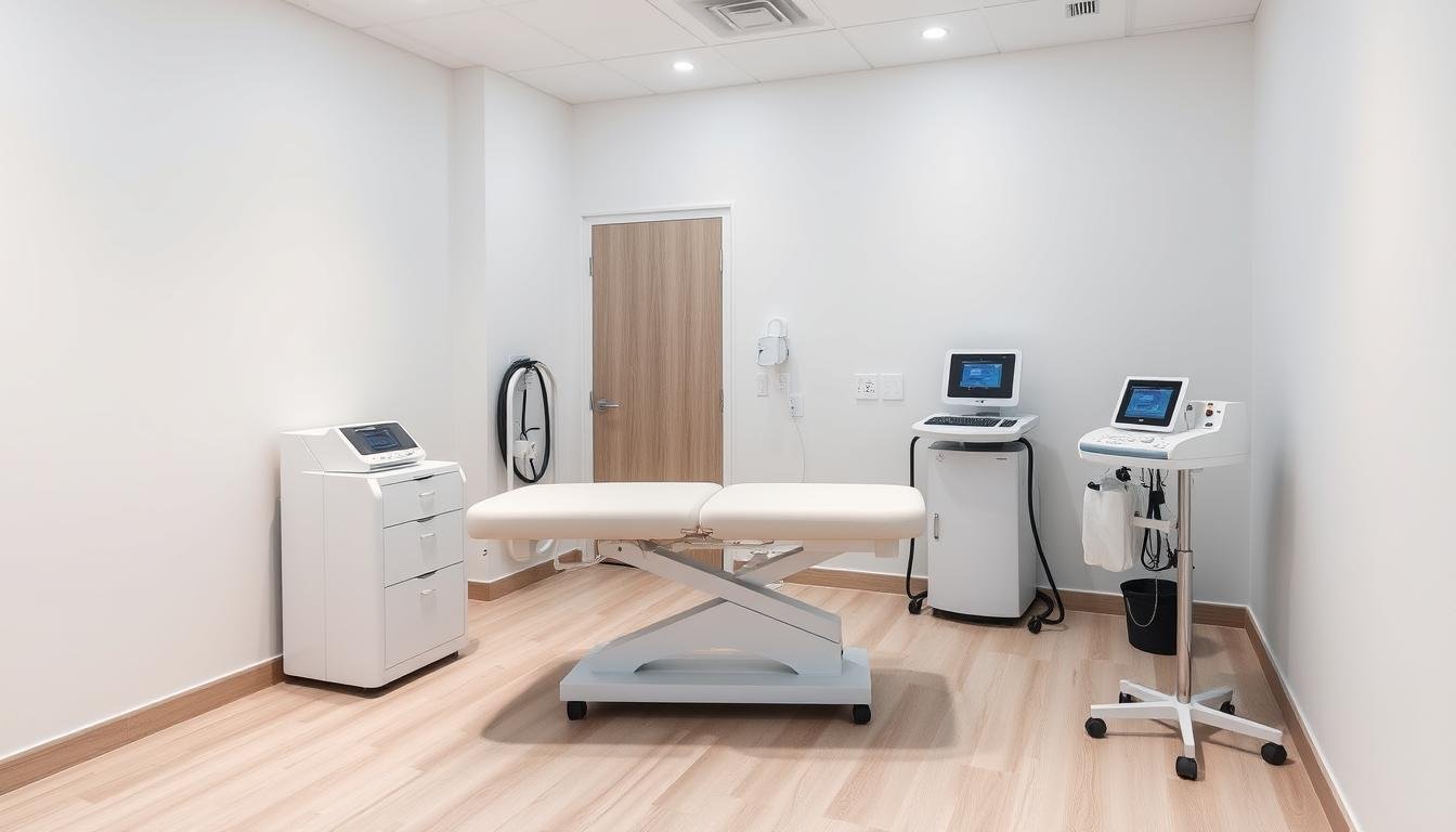 Professional colon hydrotherapy clinic setup with equipment and treatment table