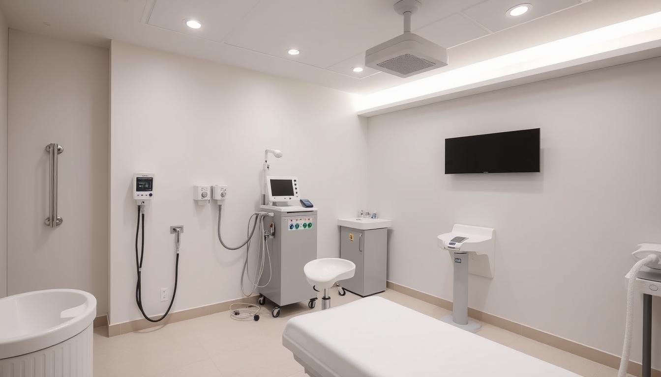 Professional colon hydrotherapy treatment room with equipment