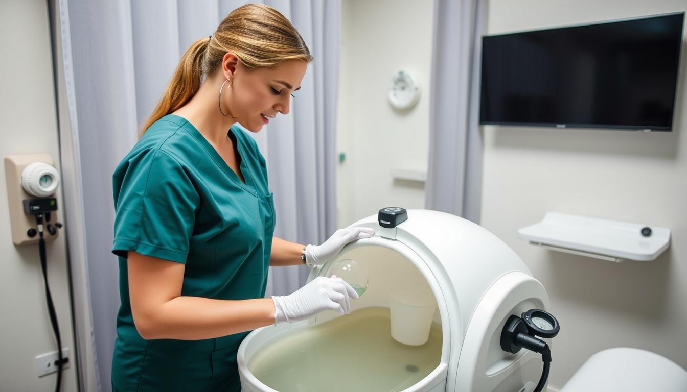 Professional operating a colon hydrotherapy machine in a clinical setting Professional operating a colon hydrotherapy machine in a clinical setting