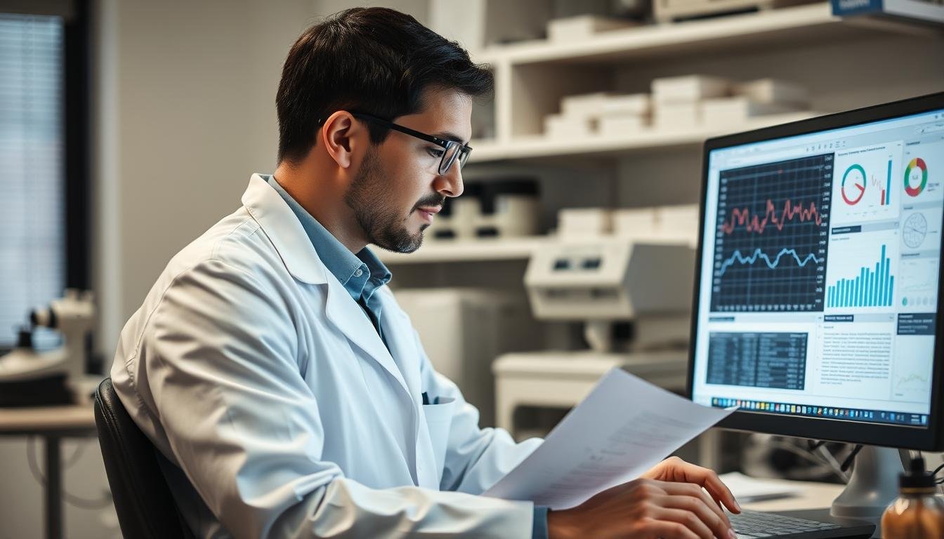 Scientist in laboratory analyzing research data related to digestive health