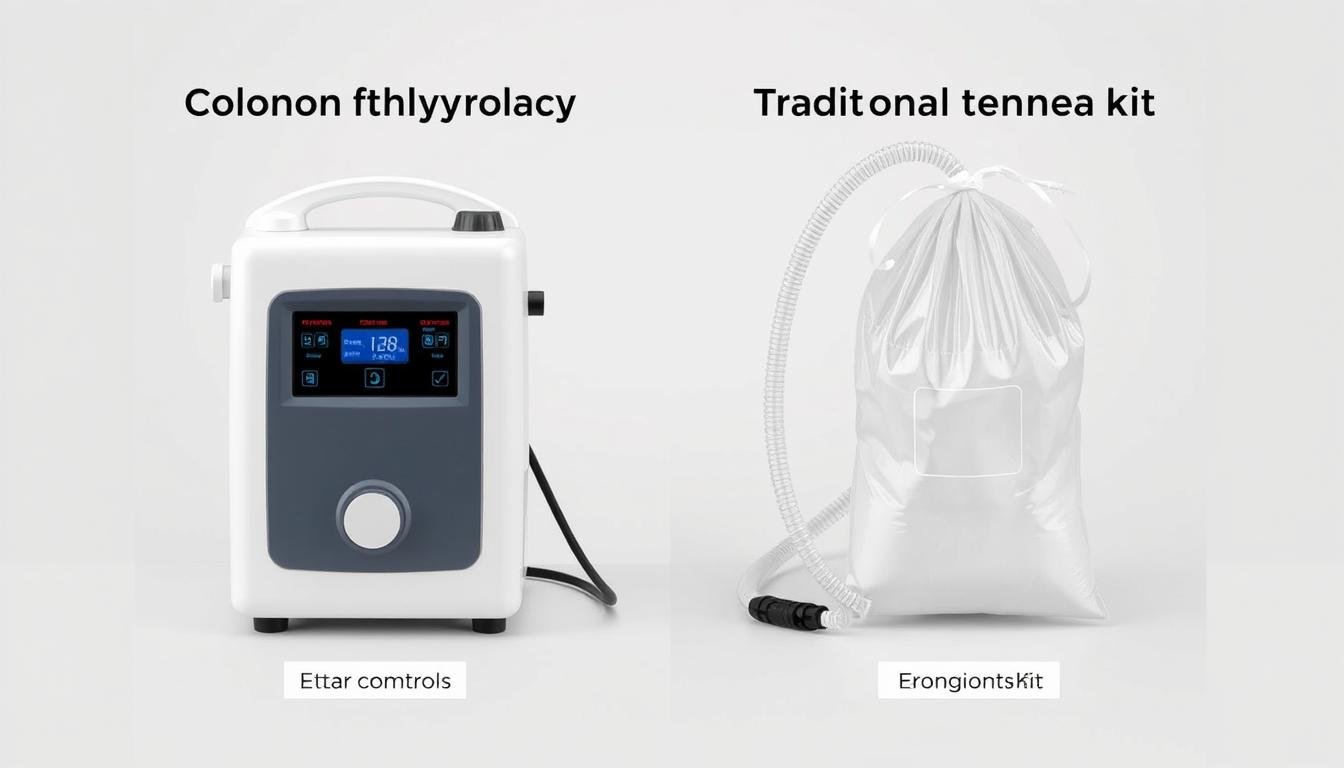 Side-by-side comparison of colon hydrotherapy machine and traditional enema kit Side-by-side comparison of colon hydrotherapy machine and traditional enema kit