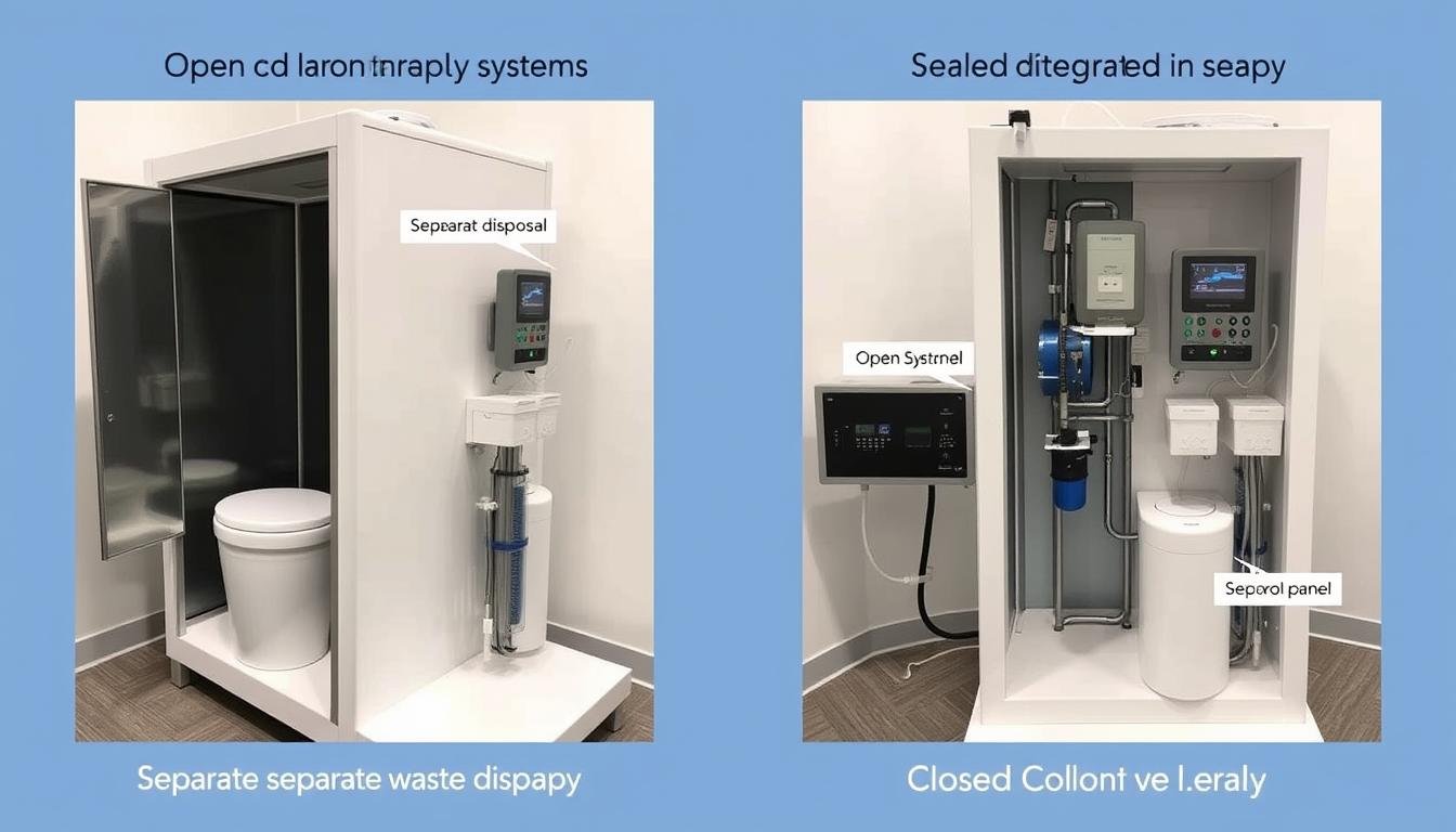 Side-by-side comparison of open and closed Colon Hydrotherapy Machine systems