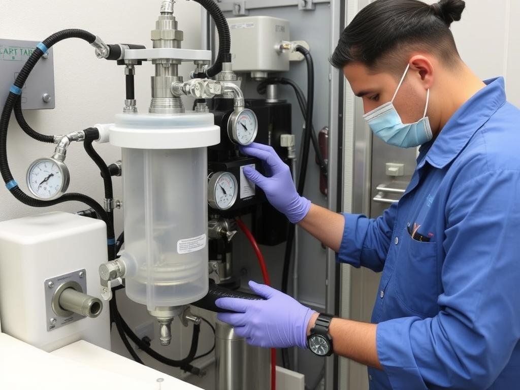 Technician performing maintenance on a colon hydrotherapy machine