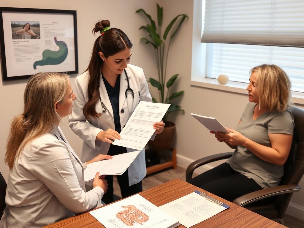 Therapist consulting with client before colon hydrotherapy session