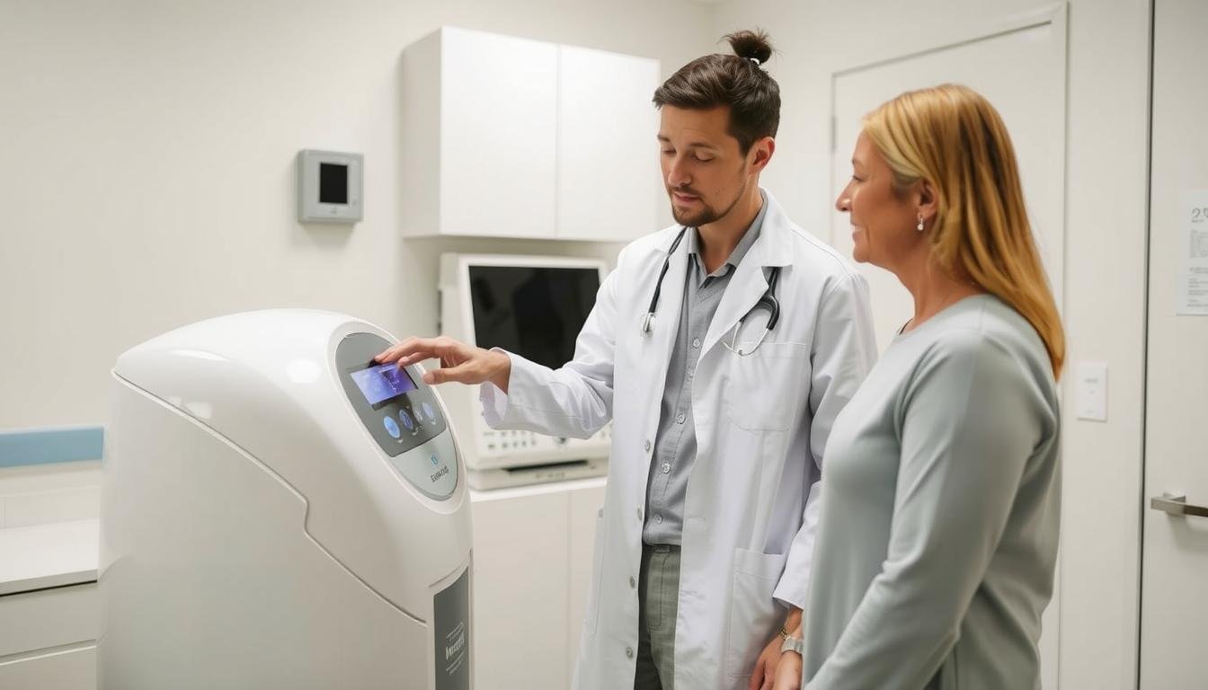 Therapist explaining colon hydrotherapy machine features to a client Therapist explaining colon hydrotherapy machine features to a client