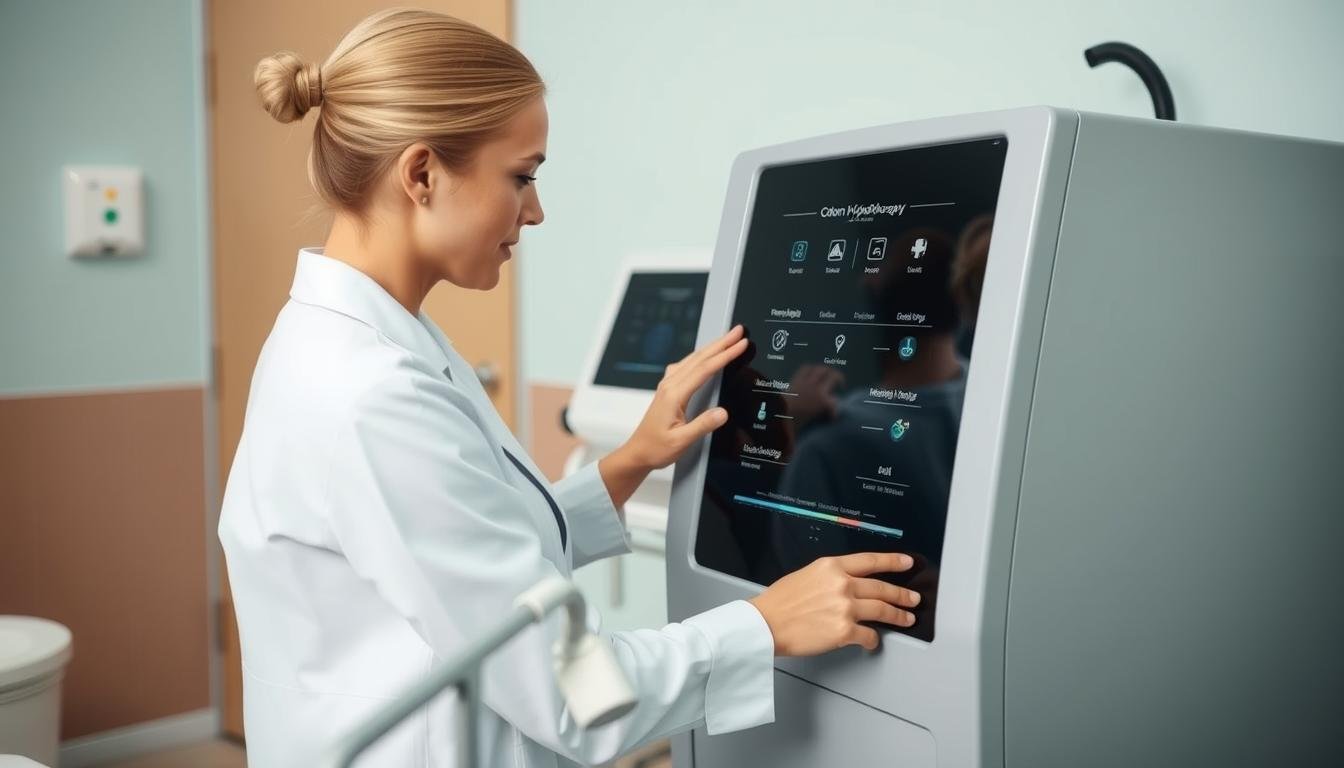 Therapist operating a colon hydrotherapy machine during treatment Therapist operating a colon hydrotherapy machine during treatment