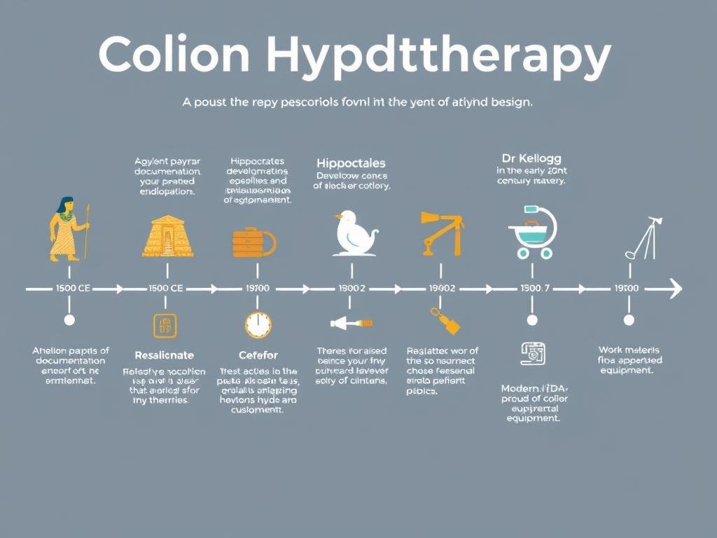 Timeline showing key developments in colon hydrotherapy history from ancient Egypt to present day
