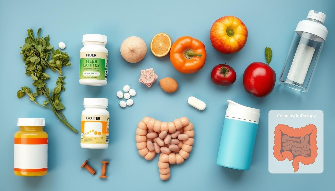 Various constipation treatment options displayed together