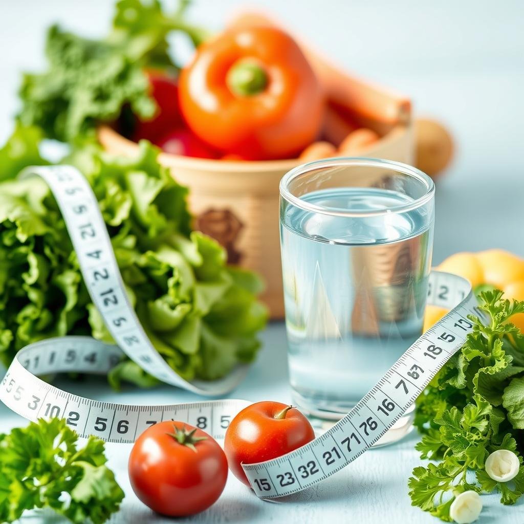 Weight management concept with measuring tape and healthy foods