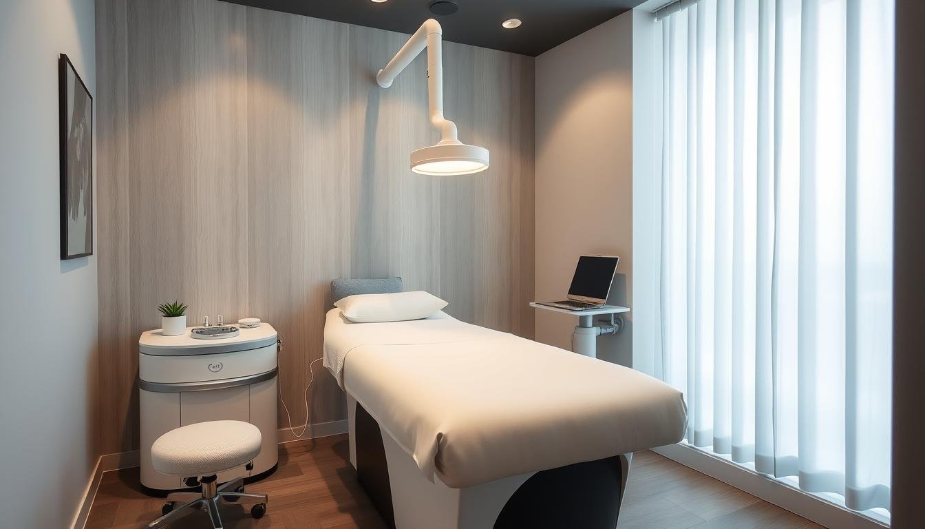 Wellness center treatment room with colon hydrotherapy machine